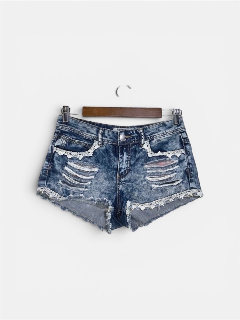 Womens Acid Wash Lace Trim Distressed Festival Cuttoffs Blue Denim Boho Shorts 3